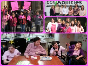 The Stage Door Troupe (top left), our Evergreen House residents (bottom) and our lovely staff demonstrating their stand against bullying on #PinkShirtDay