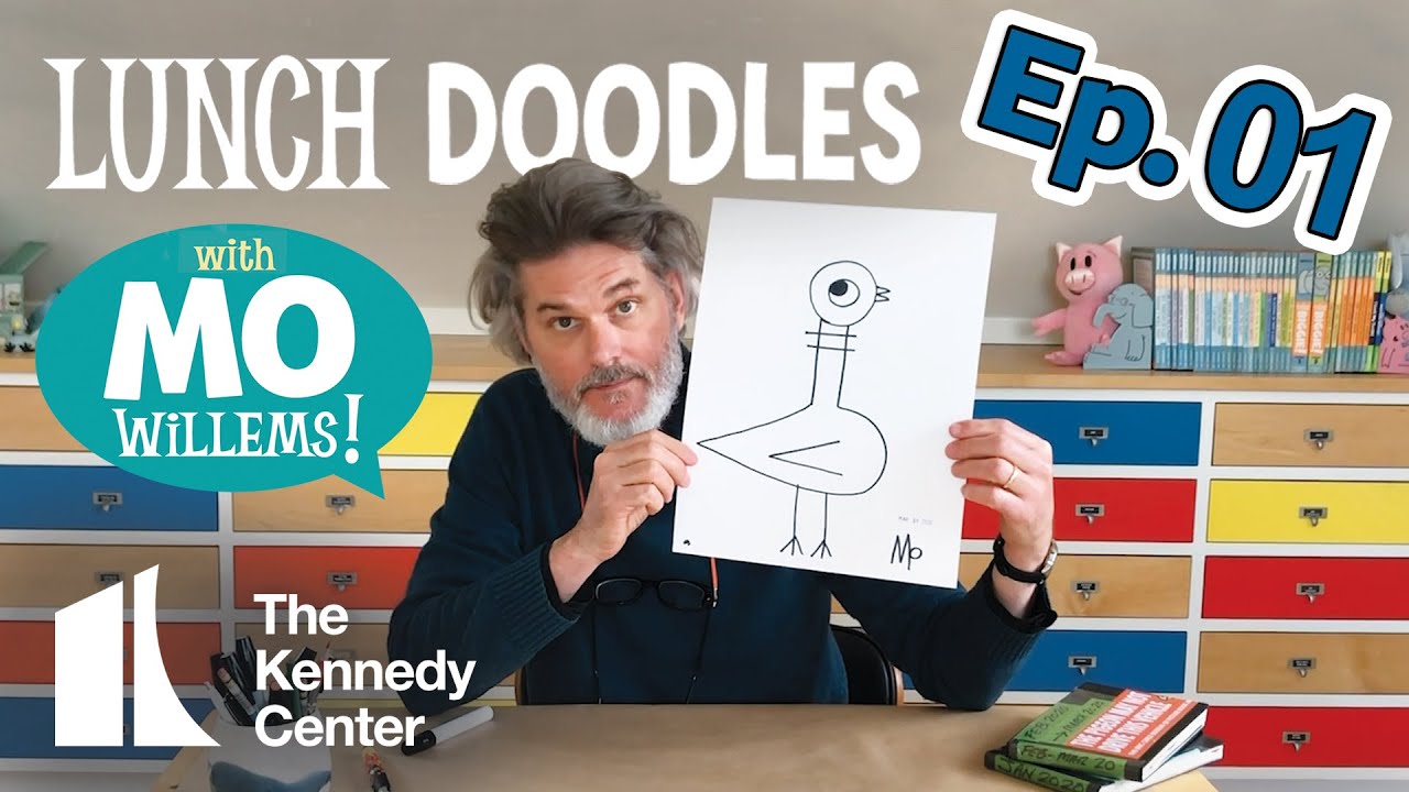Mo Willems holds up a drawing of Pigeon during the first episode of Lunch Doodles.