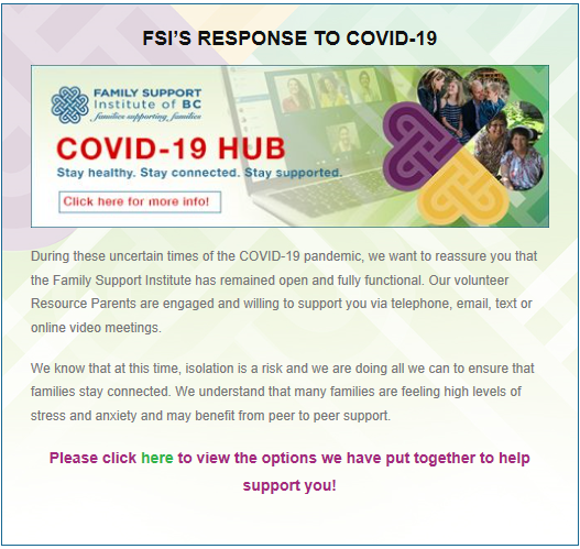A screenshot of Family Support Institute's COVID-19 webpage