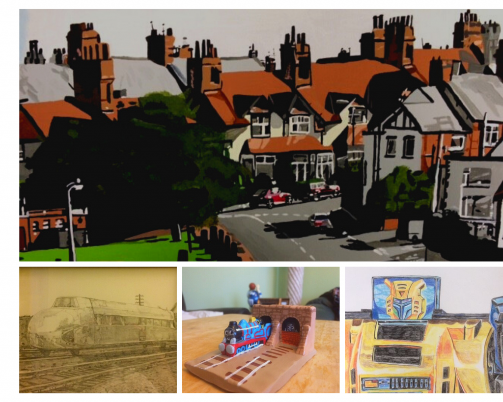 A collage of Alex's various art styles - an acrylic painting of a quaint small town, a black and white sketch of a train, a clay model of a train coming out of a tunnel, and a coloured pencil sketch of a Transformer.