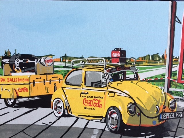 Acrylic painting of a classic yellow Coca-Cola Volkswagen car