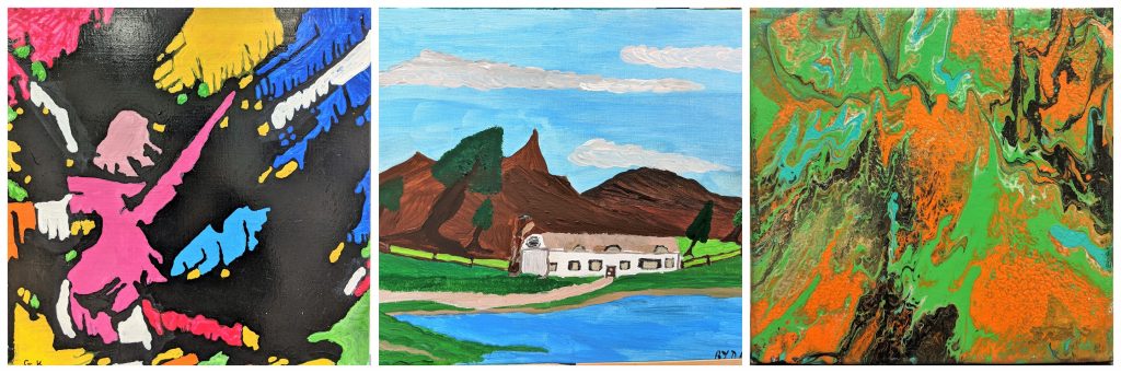 Three paintings by Bridge Art: an impressionistic dance, a ranch house in a landscape with a lake and mountains, and an abstract painting in green and orange.