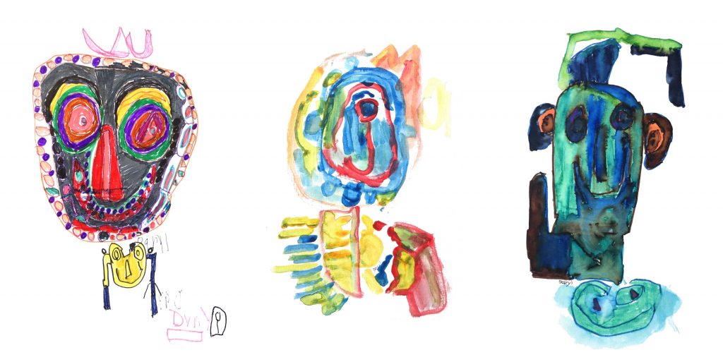 A collage of Daryl's works: three large, colourful, abstract heads rendered in marker and watercolour.