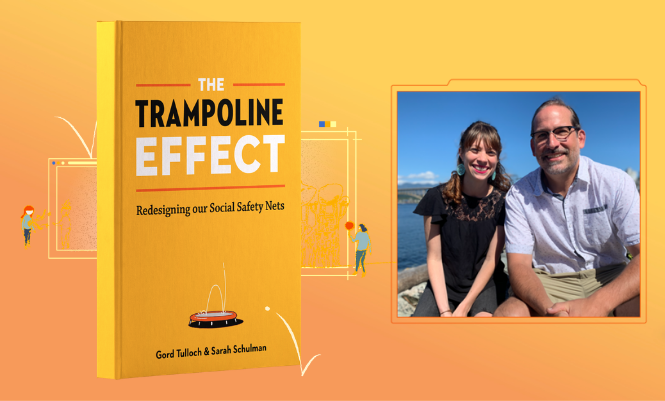 Authors Gord Tulloch and Sarah Schulman alongside the cover of their new book The Trampoline Effect