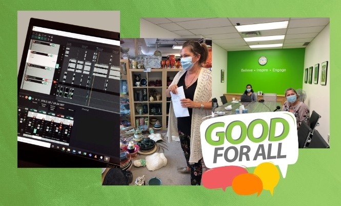 A collage of behind-the-scenes images from the recording and editing of the Good For All podcast.