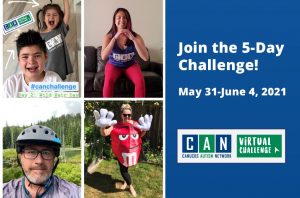 In the left half are four pictures of individuals. The right half of the image reads "Join the 5-Day Challenge!" with the Canucks Autism Network logo below.