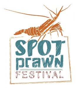 On a white background, a spot prawn sits on top of a square. In the square reads "Spot prawn festival"