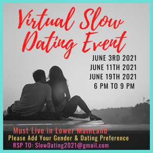 Black and white image of a couple sitting outside together. Text reads: Virtual Slow Dating Event. Must live in Lower Mainland. Please add your gender and dating preference. RSVP to SlowDating2021@gmail.com