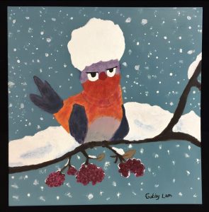 Painting of a red bird with black wings sitting on a snowy branch. The bird looks comically annoyed at the large ball of snow collecting on its head.